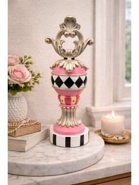 New Harlequin Easter Pedestal Ornament Gold Finial Pink Diamond Pattern Decor